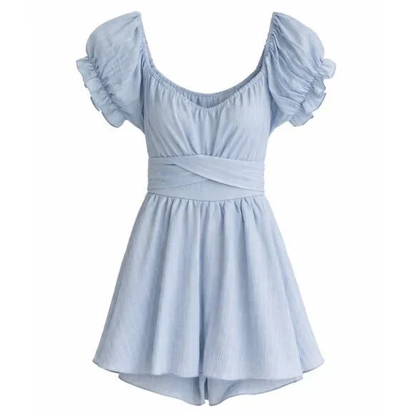 Altar’d State Haisley Double Layered Romper Pale Blue Bow Back Romper | Size SM - Picture 3 of 7